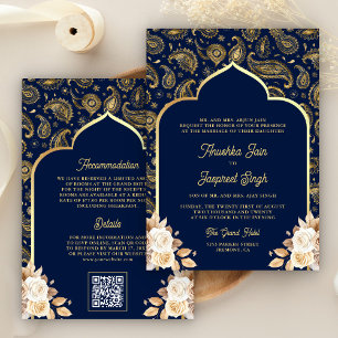 Blauw Gouden Paisley Bloem QR Code Indiase Trouwda Kaart