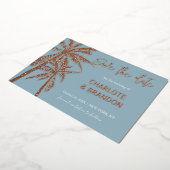 Blauw Gouden Palm Bomen Strand Bruiloft Save The D Folie Uitnodiging (Gedraaid)