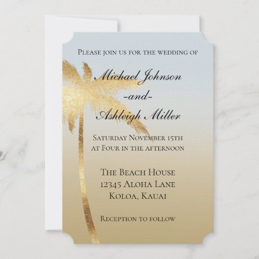 Blauw Gouden Palm Ombre Bruiloft Kaart (Voorkant)