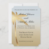 Blauw Gouden Palmboom Ombre Bruiloft Kaart (Voorkant)