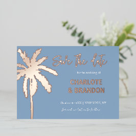 Blauw Gouden Palmboom Strand Bruiloft Save The Dat Folie Uitnodiging