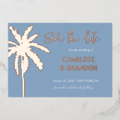 Blauw Gouden Palmboom Strand Bruiloft Save The Dat Folie Uitnodiging (Voorkant)