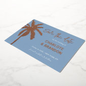 Blauw Gouden Palmboom Strand Bruiloft Save The Dat Folie Uitnodiging (Gedraaid)