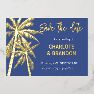 Blauw Gouden Palmboom Strand Trouwkaart Save The D Folie Uitnodiging