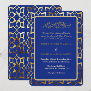 Blauw gouden patroon islamitische bruiloft kaart