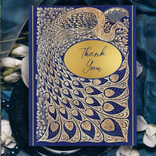 Blauw Gouden Pauw Art Nouveau Huwelijk Bedankkaart
