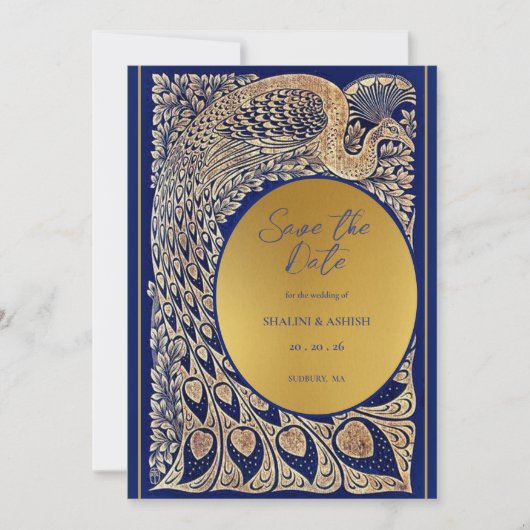 Blauw Gouden Pauw Art Nouveau Huwelijk Save The Date (Voorkant)