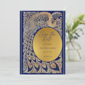 Blauw Gouden Pauw Art Nouveau Huwelijk Save The Date (Staand voorkant)