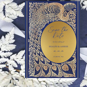 Blauw Gouden Pauw Art Nouveau Huwelijk Save The Date