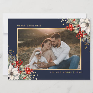 Blauw Gouden Poinsettia Bessen Foto Kerstmis Feestdagenkaart