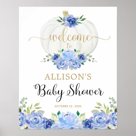 Blauw gouden pompoen baby shower welkom bord poster (Voorkant)