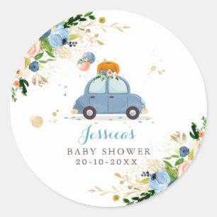 Blauw & Gouden Pompoenaandrijving door Baby shower Ronde Sticker