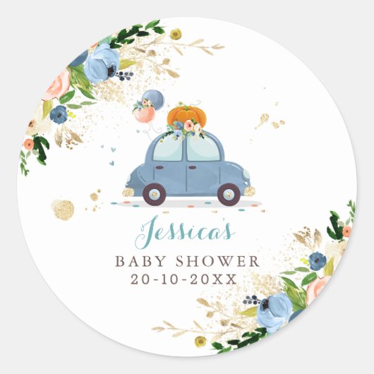 Blauw & Gouden Pompoenaandrijving door Baby shower Ronde Sticker (Voorkant)