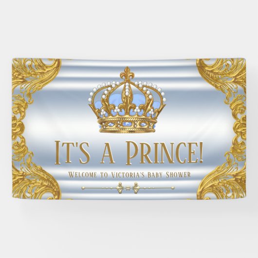 Blauw Gouden Prins Baby Shower Banner (Horizontaal)