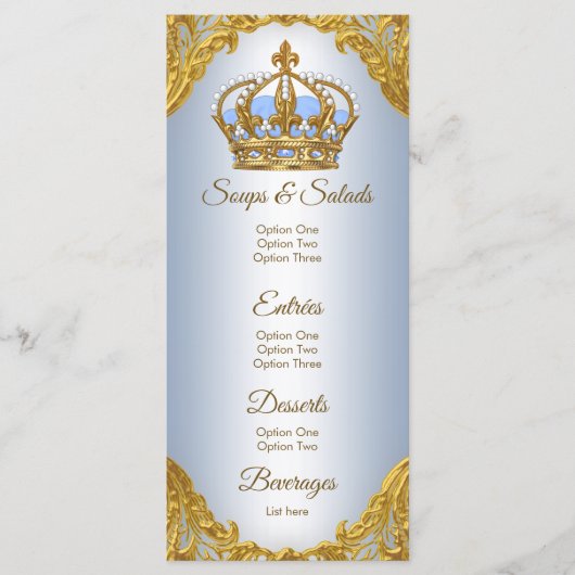 Blauw Gouden Prins Baby Shower Menu (Voorkant)