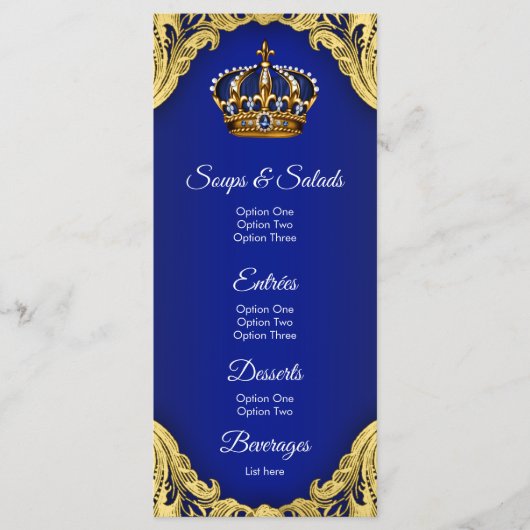 Blauw Gouden Prins Baby Shower Menukaarten Menu (Voorkant)