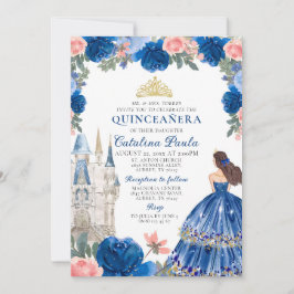Blauw Gouden Prinses Kasteel Quinceañera Uitnodigi Kaart