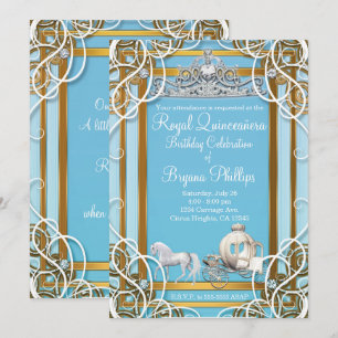 Blauw Gouden Prinsessen Kroon & Koets Quinceañera Kaart