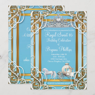 Blauw Gouden Prinsessen Kroon & Koets Sweet 16 Fee Kaart