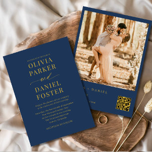 Blauw Gouden QR Code Foto Elegante Trouwkaart Kaart