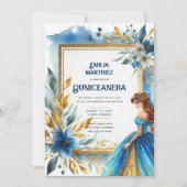 Blauw Gouden Quinceañera-jurk Kaart (Voorkant)