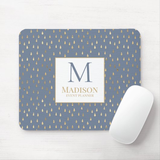 Blauw Gouden Regendruppel Modern Modieus Monogram Muismat (Met muis)
