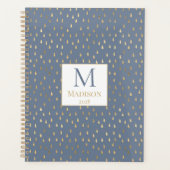 Blauw Gouden Regendruppel Modern Modieus Monogram Planner (Voorkant)