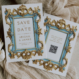 Blauw Gouden Rococo QR Code Trouwdag Vintage Save The Date