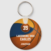 Blauw gouden schoolteam kleuren basketbal jongens sleutelhanger (Voorkant)