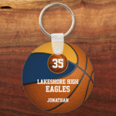 Blauw gouden schoolteam kleuren basketbal jongens sleutelhanger (Voorkant)