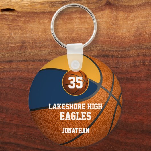 Blauw gouden schoolteam kleuren basketbal jongens sleutelhanger (Voorkant)