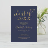 Blauw Gouden Script Foto Afstudeerfeest Kaart (Staand voorkant)