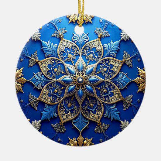 Blauw Gouden Sierlijke Kerst Ornament (Voorkant)