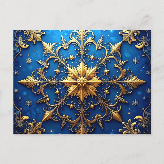 Blauw Gouden Sierlijke Kerstkaart Briefkaart (Voorkant)