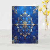 Blauw Gouden Sierlijke Kerstkaart Kaart (Gele Bloem)