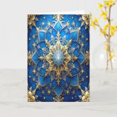 Blauw Gouden Sierlijke Kerstkaart Kaart (Gele Bloem)