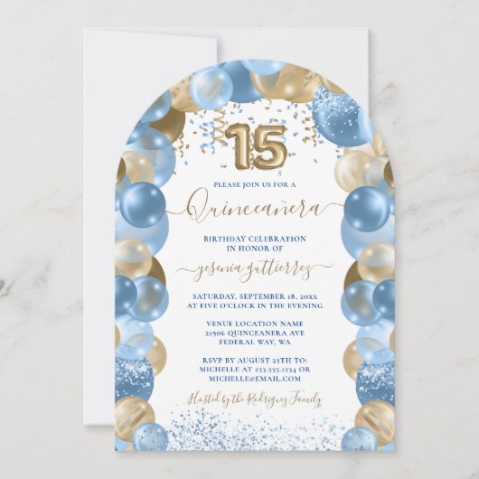 Blauw Gouden Sparkle Foto Quinceañera Ballon Kaart (Voorkant)