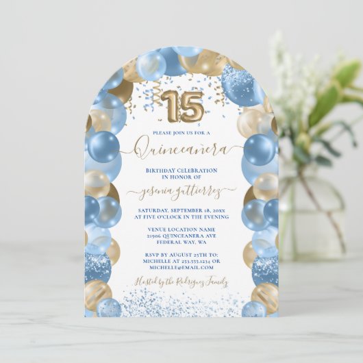 Blauw Gouden Sparkle Foto Quinceañera Ballon Kaart (Staand voorkant)