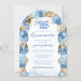 Blauw Gouden Sparkle Quinceañera Ballonuitnodiging Kaart