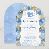 Blauw Gouden Sparkle Quinceañera Ballonuitnodiging Kaart (Voorkant / Achterkant)