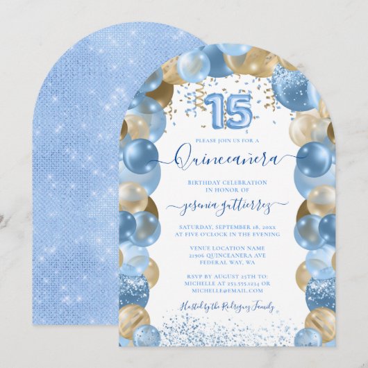 Blauw Gouden Sparkle Quinceañera Ballonuitnodiging Kaart (Voorkant / Achterkant)