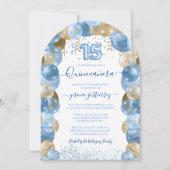 Blauw Gouden Sparkle Quinceañera Ballonuitnodiging Kaart (Voorkant)