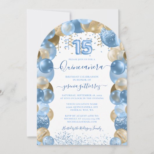 Blauw Gouden Sparkle Quinceañera Ballonuitnodiging Kaart (Voorkant)