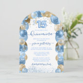 Blauw Gouden Sparkle Quinceañera Ballonuitnodiging Kaart (Staand voorkant)
