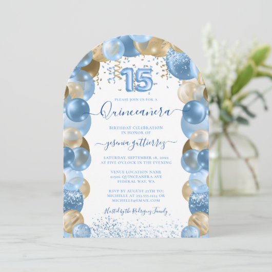 Blauw Gouden Sparkle Quinceañera Ballonuitnodiging Kaart (Staand voorkant)