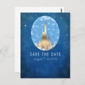 Blauw Gouden Sprookjeskasteel Prinses Glitter Briefkaart (Voorkant / Achterkant)