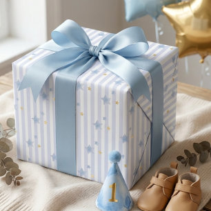 Blauw Gouden Ster Streep Jongen Eerste Verjaardag Cadeaupapier