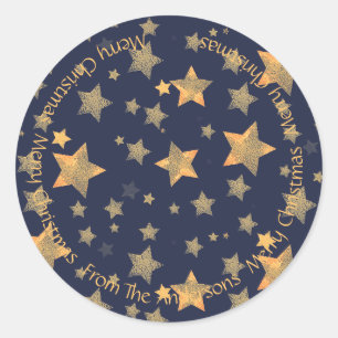 Blauw Gouden Ster Typografie Vrolijk Kerstfeest Ronde Sticker