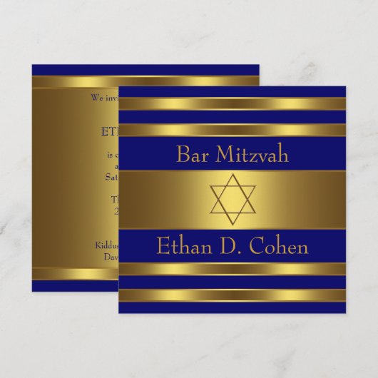 Blauw Gouden Ster van David Bar Mitswa Kaart (Voorkant / Achterkant)