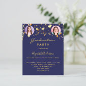 Blauw gouden sterren foto afstuderen partij uitnod (Staand voorkant)